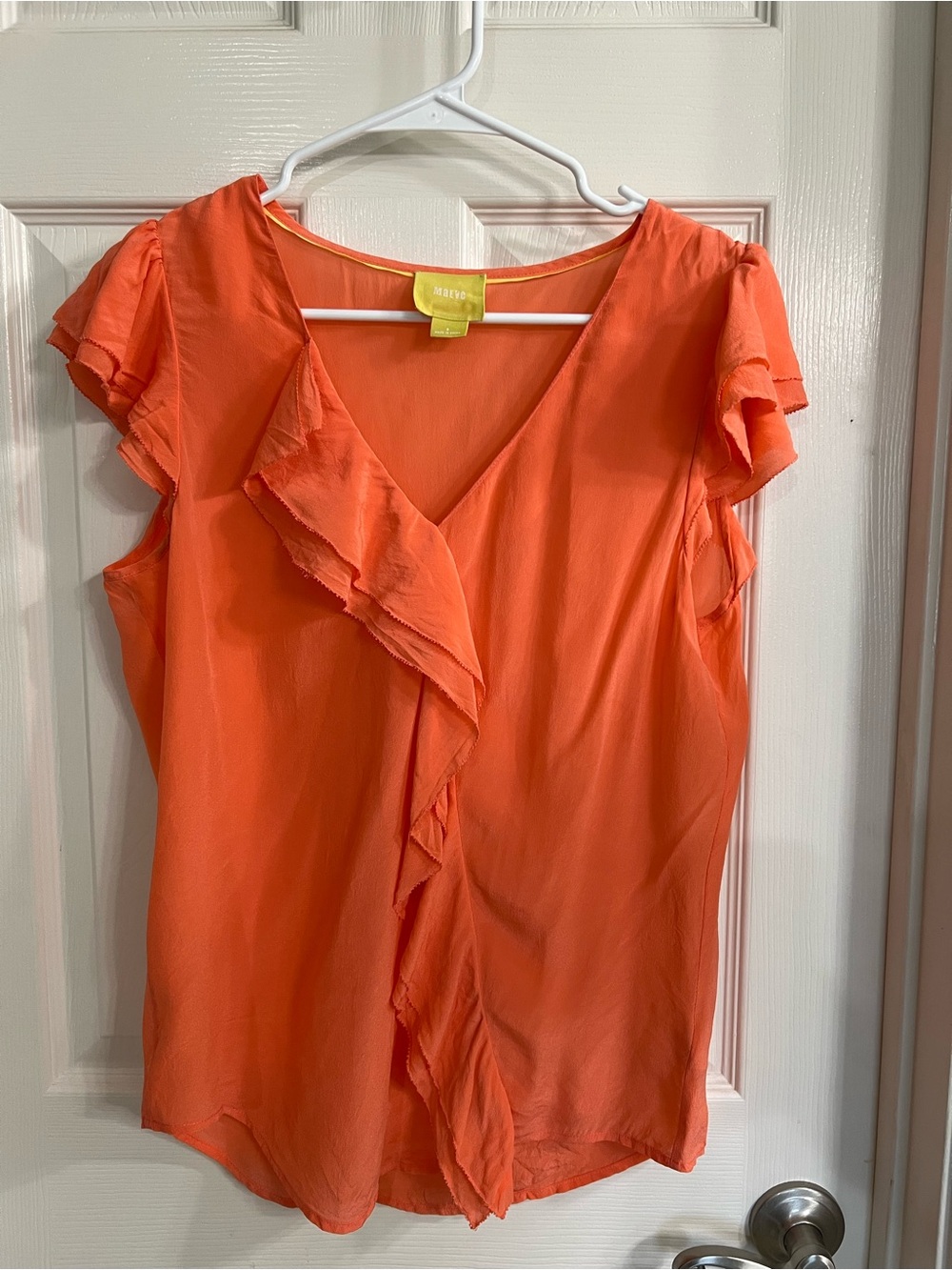 Maeve Salmon colored Ruffle V-Neck Blouse